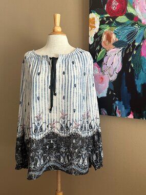 Style & Co XL Boho Paisley Floral Striped Peasant Blouse